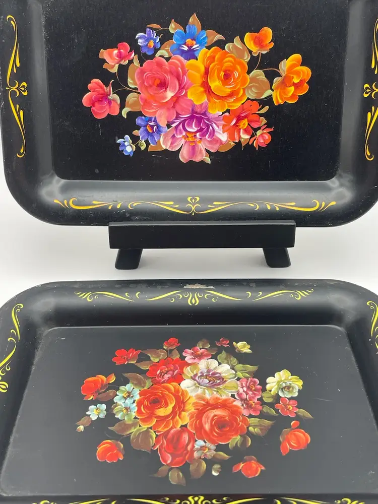 Mini Vintage, (2) Toleware Trinket Trays, Metal, Black/Floral, 4.5 x 6.5”