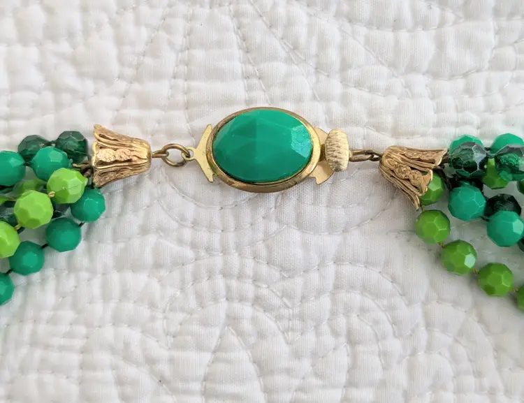 Vintage Mid Century Multi Strand Necklace with Plastic Beads in Shades of Green