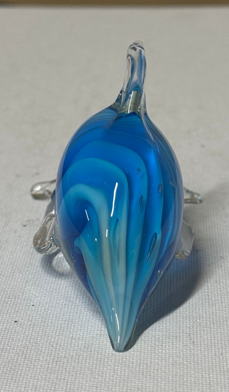 Blue Glass Dolphin Figurine Art Glass Handblown Blue And Clear Glass 4” long