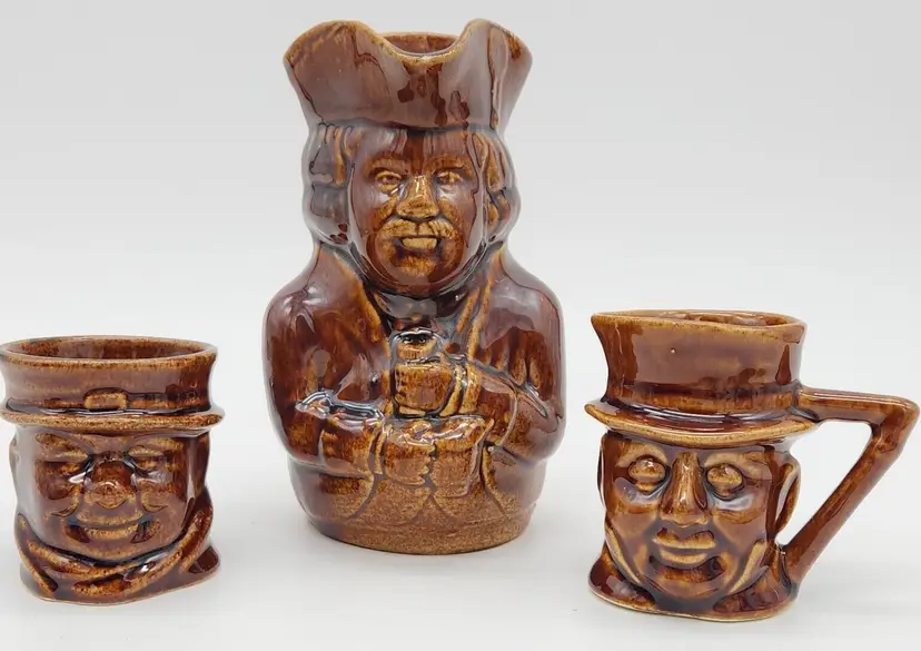 Vintage Pottery Character Pitcher and 2 Cups Shots Barware Men Patriot Moustache