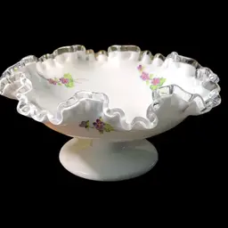 30. Vintage Fenton Milk Glass Silvercrest Compote Handpainted Violets Signed