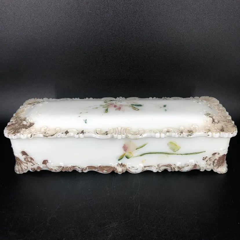Antique Victorian Dithridge Milk Glass Glove Vanity Box Early 1900s
