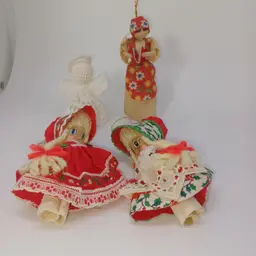Vintage 4 pc Handmade Christmas Ornaments, Holly Hobbie, corn husk doll, crochet angel