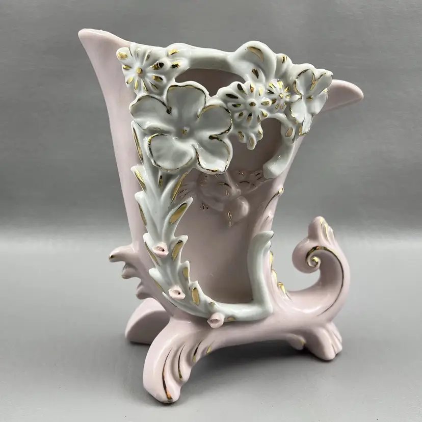 Vintage Pink Cornucopia 6.75" Vase Applied White Flower Hand Painted Japan