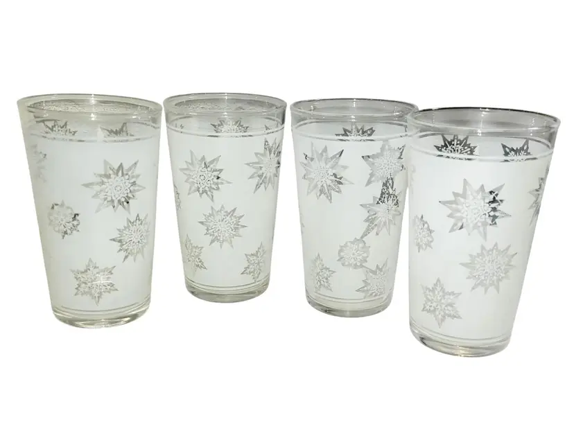 Vintage White Frosted Atomic Snowflake 10 Oz Federal Glass Tumblers Set Of 4 MCM