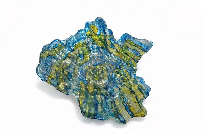 Large Iridescent Art Glass Bowl 13x11 | Blue Green Gold Decorative Centerpiece | Organic Wavy Dish