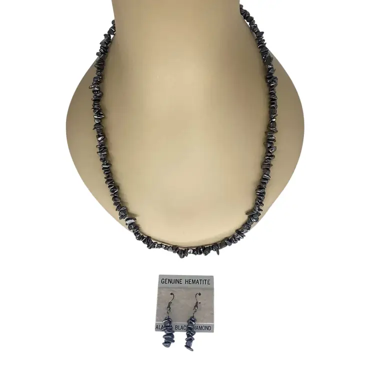 Alaska Black Diamond Genuine Hematite Necklace 24in Earrings Set Box Clasp