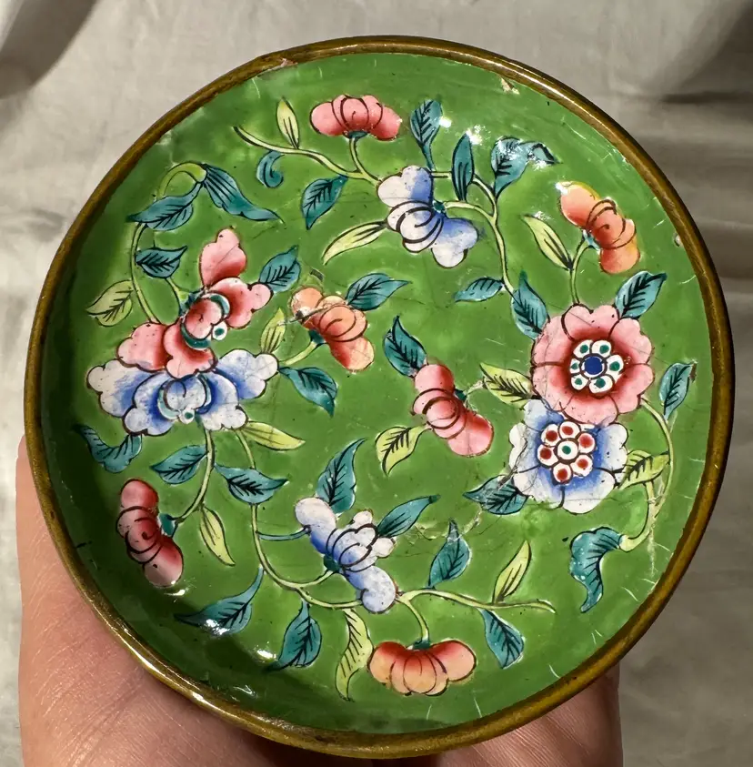 Vintage Chinese Canton Enamel Pin Dish Trinket Tray, Green Floral, Circa 1891-1940s