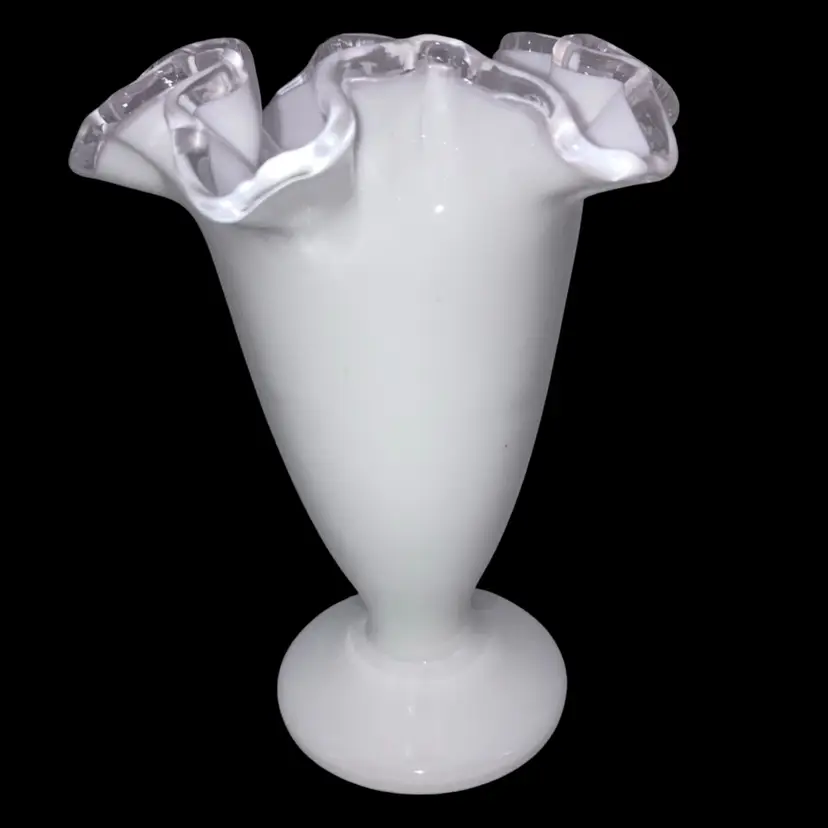 Vintage Fenton Silver Crest Milk Glass Double-Crimped Vase! 6 1/4”  Tall 5” Wide!