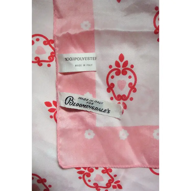 Vintage Bloomingdale's Sweet Hearts Print Pink Red Scarf 19" Square