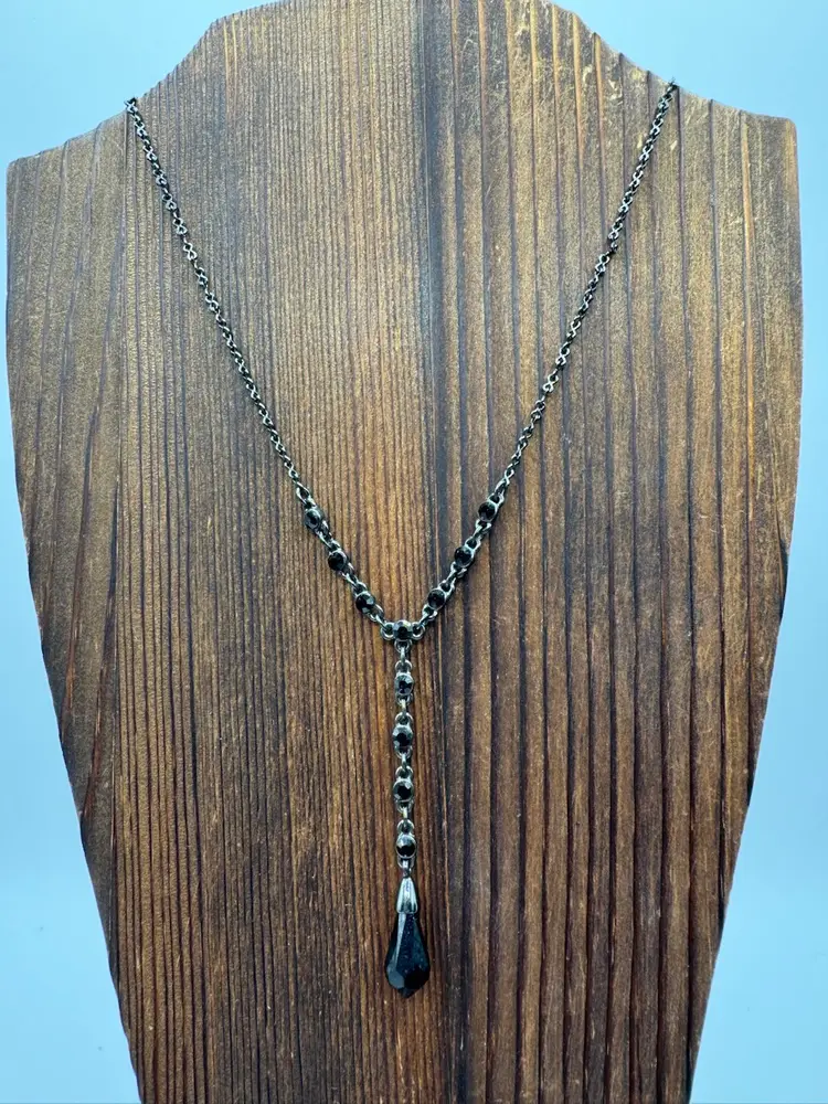 # 58 GIVENCHY Jet Black Crystal & Rhinestone Gunmetal Y Necklace 15” & 2” Ext