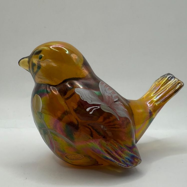 Fenton Hand Painted Flowers & Butterflies Signed Marigold Carnival Iridescent Glass Bird Figurine 4x2.5”