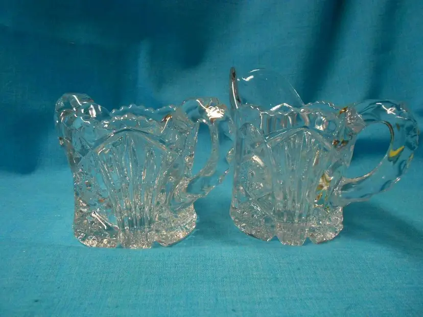 Antique Imperial Glass Nucut Diamonds Open Sugar Bowl w/Handles & Creamer Heavy Glass 1900s (BR2)