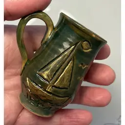 Vintage Latvia Green Gold Ceramic Micro Mug Applied Handle LIEPA3A