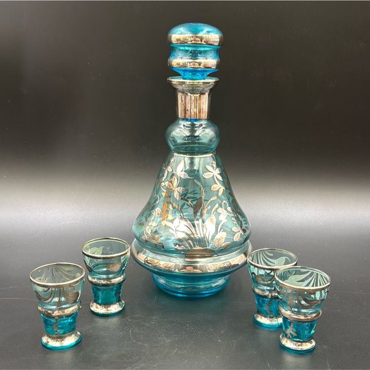 Italian handblown painted Sea blue decanter set