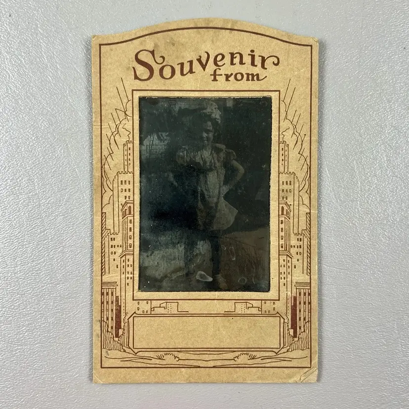 Antique Souvenir From Photo Little Girl Silver & Photographic Gelatin Tintype 3.5x5.75"