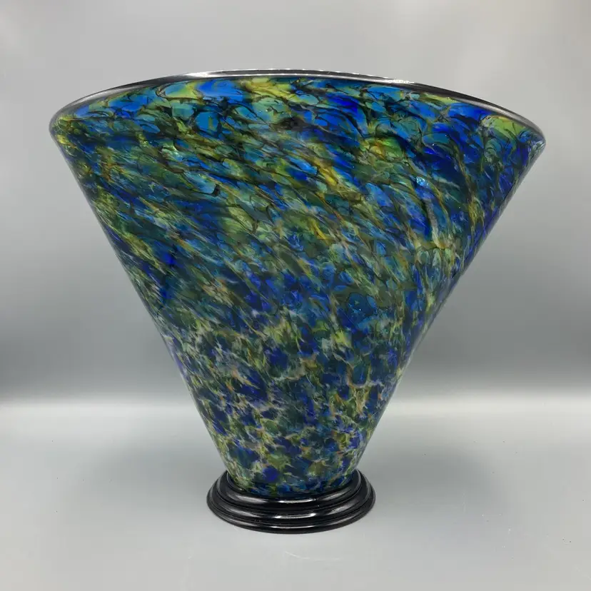 Curtis Brock Blue Green & Yellow w/ Black Accents Flared Cone Art Glass Vase Signed