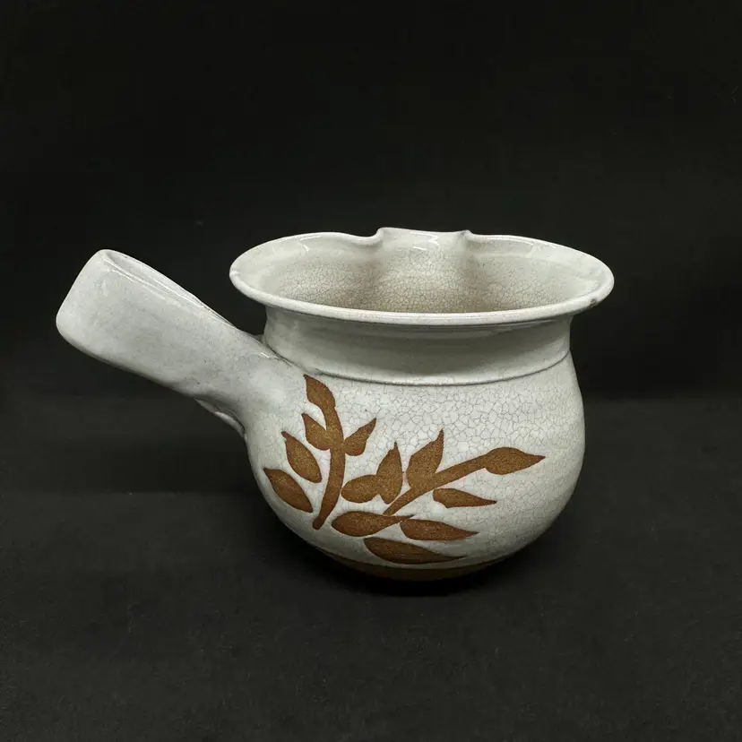Handmade Studio Pottery Creamer Crackle Glaze Tan Leaves Cream Pinch Pot Pitcher