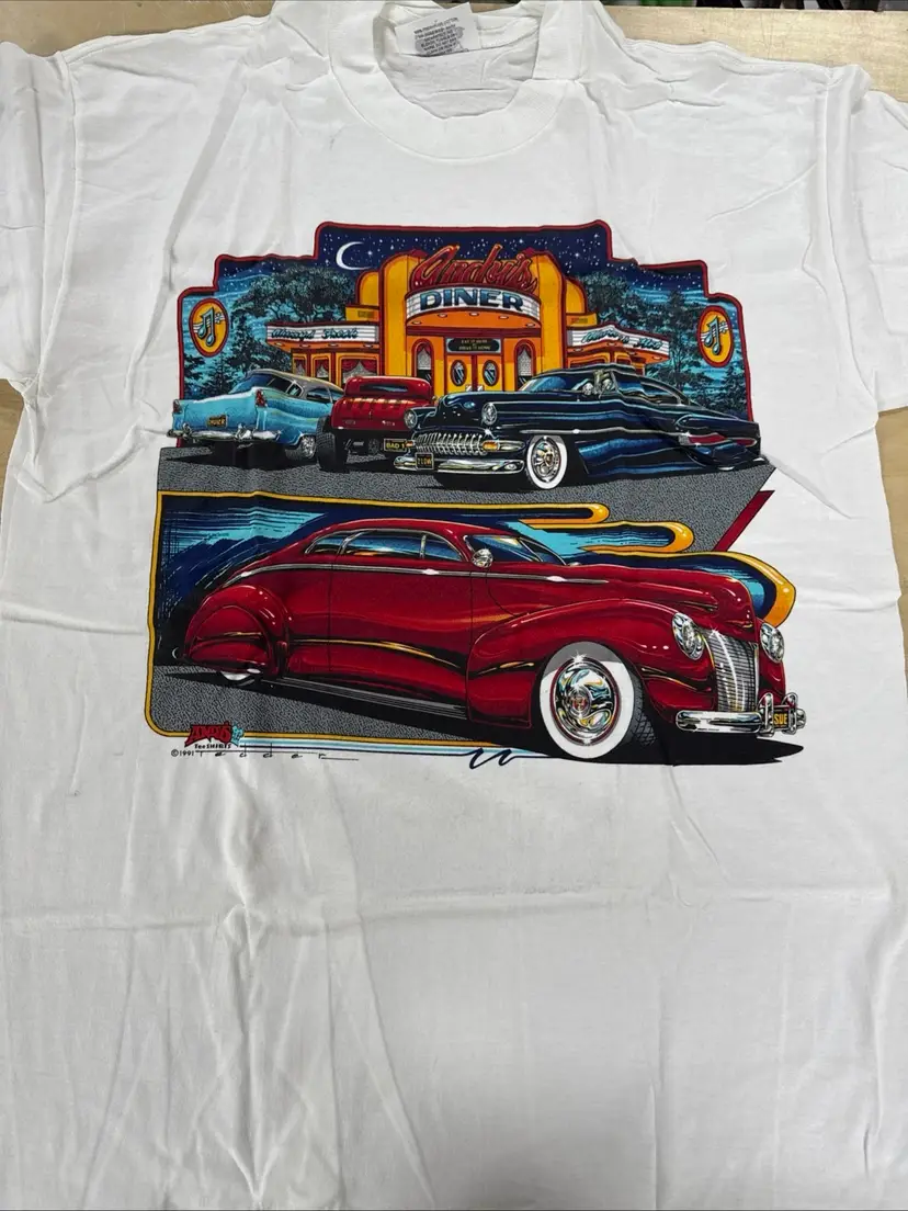 1991 ANDYS Dinner Classic Car Tee Shirt L USA Made Single Stitch NOS