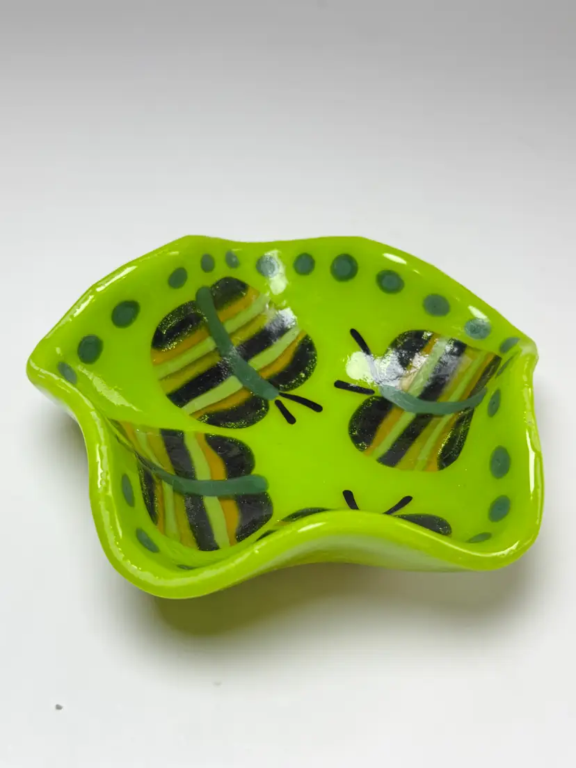 OOAK Small Fused Art Glass Trinket Dish Bowl Lime Green Butterfly Insect Groovy