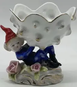 Rare Vintage Japan Pixie Elf Planter Dish Floral Shell Kitschy Figurine Fantasy