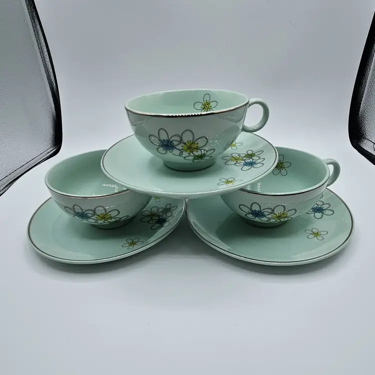 3 Nobility Permaware Vintage Mint Green Floral Tea Cup & Saucers