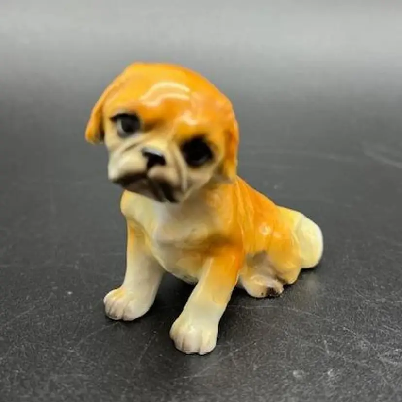 Porcelain Boxer Puppy Miniature Figurine Japan  2" x 2" Vintage