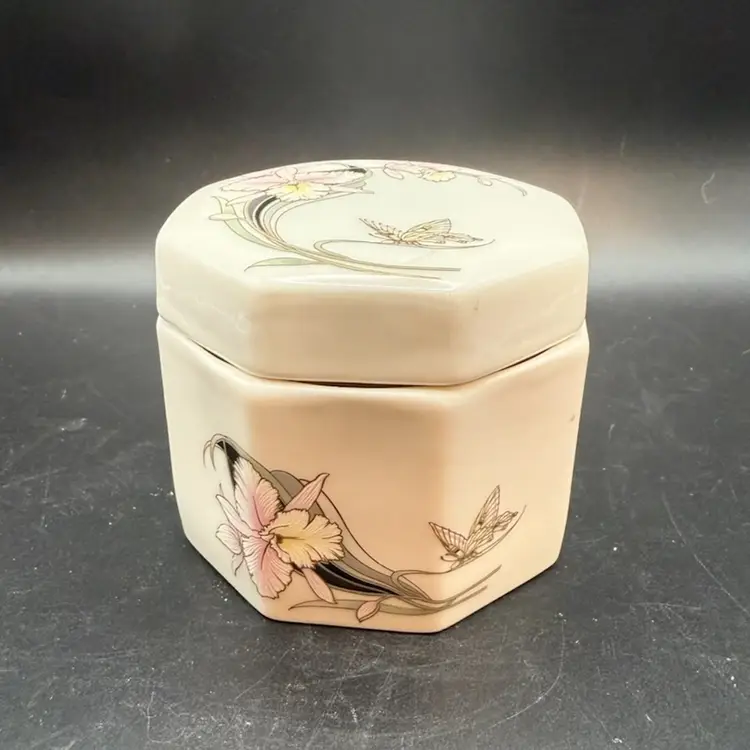 Vintage Japanese Hexagonal Bone China Orchid And Butterfly Trinket Box