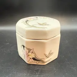 Vintage Japanese Hexagonal Bone China Orchid And Butterfly Trinket Box