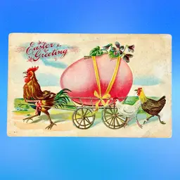 #23 Antique “Easter Greeting” Rooster Pulling Cart Giant Egg Chicken Postcard c1910s, Unused