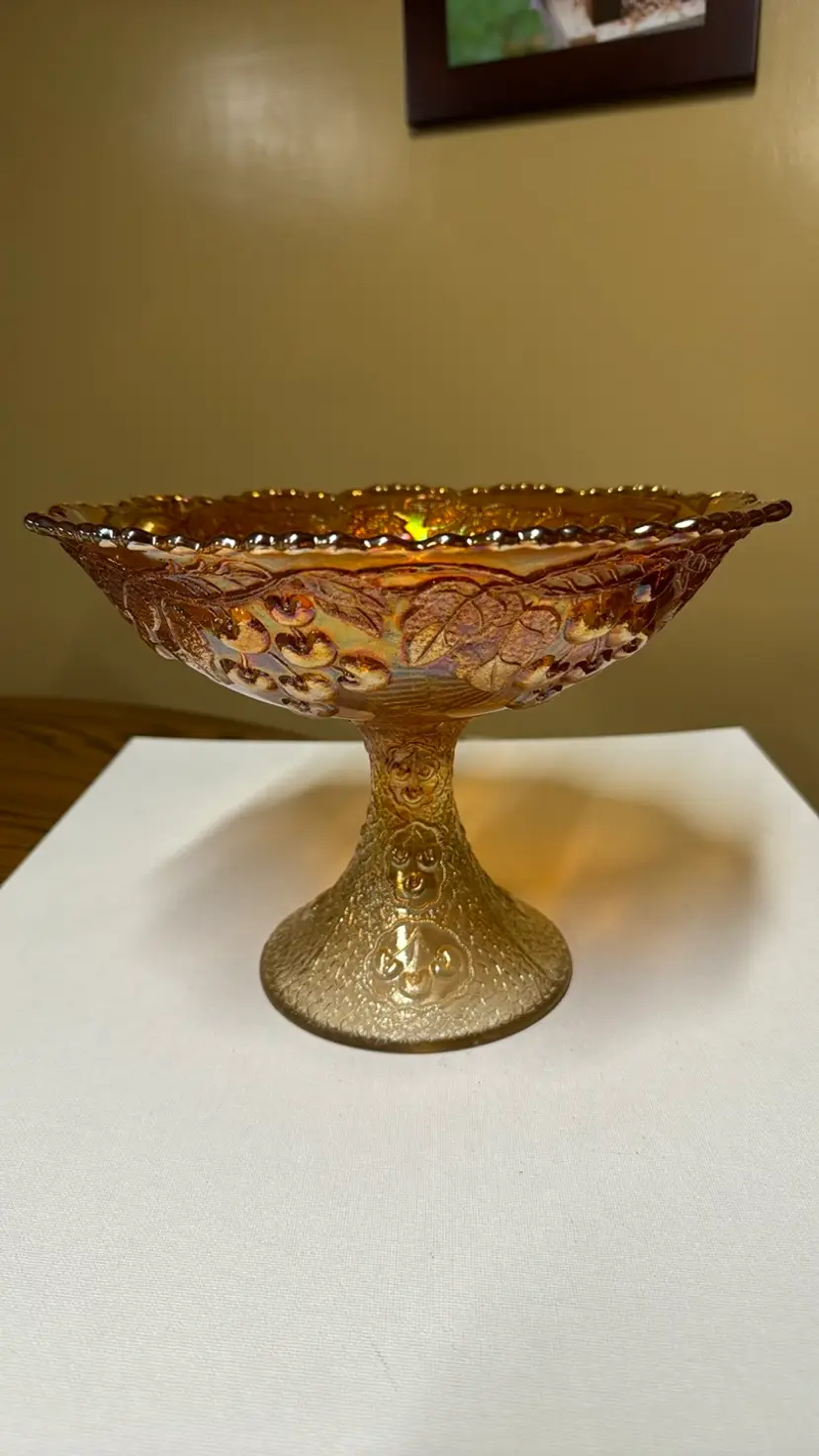 Fenton Marigold Mikado Carnival Glass Round Fruit Compote cherries 10” diameter