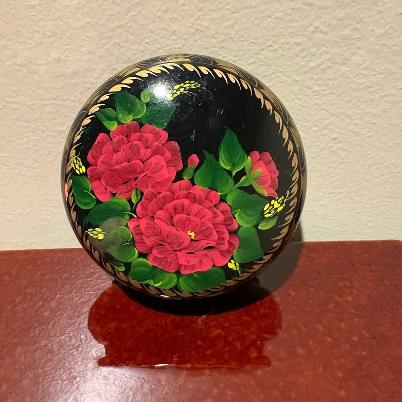 Hand-painted Lacquered Lidded Trinket Box As is