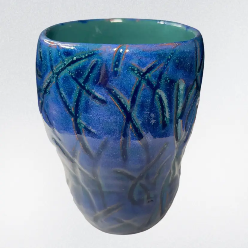 Handmade Pottery Vessel Carved Design Redware Blue & Green | 4.5”