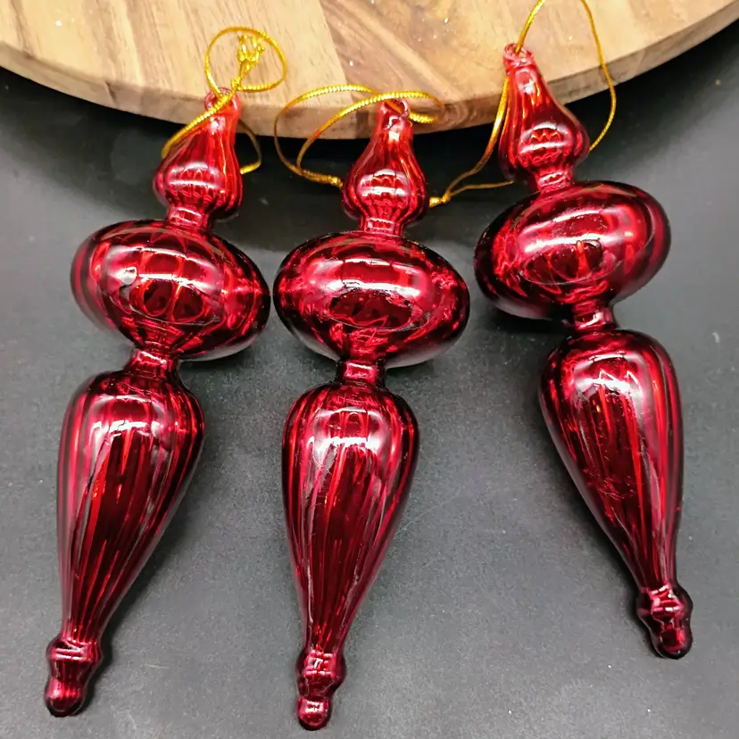 Set of 3 Red Egyptian Blown Glass Finial Style Ornaments