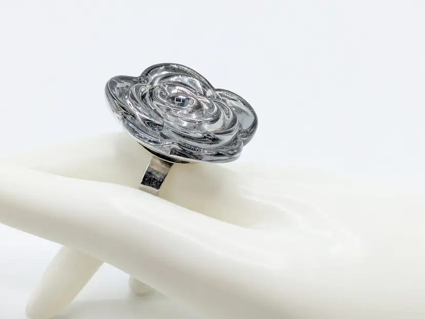 Grey Glass Flower Statement Ring Silver Tone Adjustable