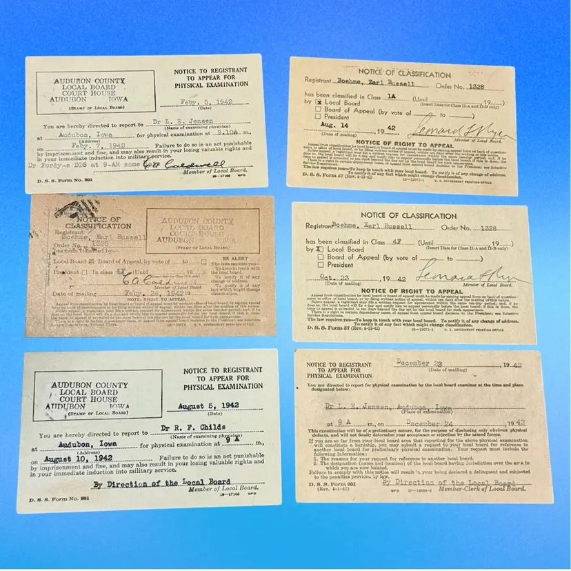 Lot/6 WWII Selective Service Classification Notice Cards World War II Collectible Iowa (KK)