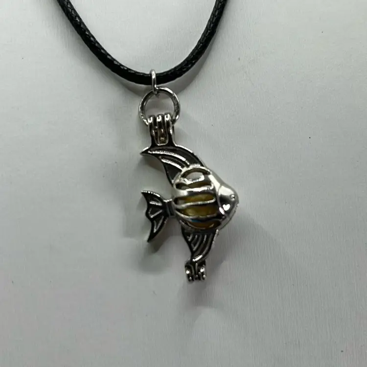 Fish With Pearl Pendant On Black Cord