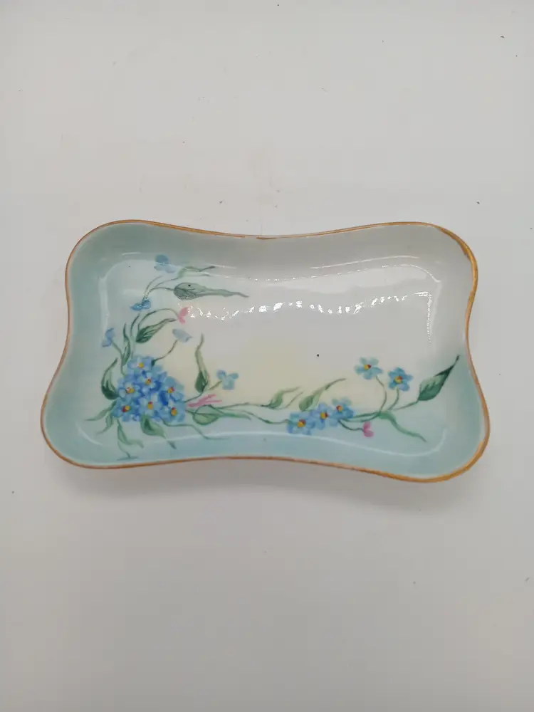 Hand Painted Porcelain Dresser Tray Forget Me Not Flowers Signed M.W.R. 1910 Gold Trim