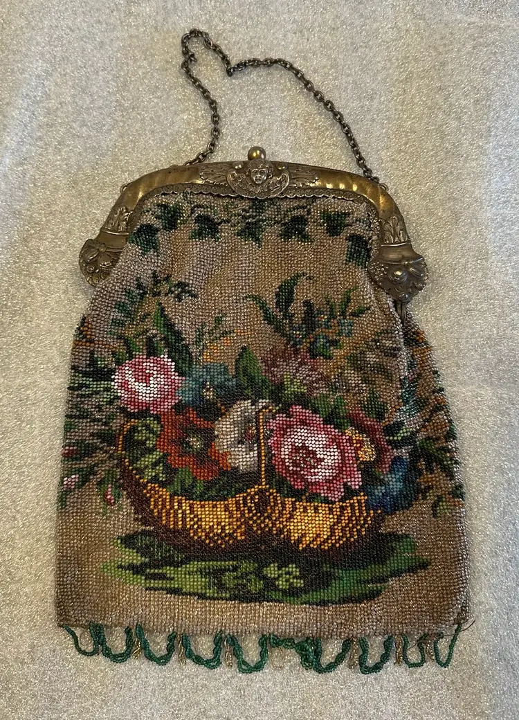 Antique Victorian Beaded Purse with Sterling Frame Cherub Fruit Flower Basket