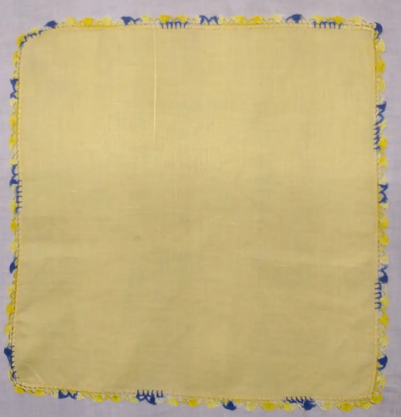 Vintage bright yellow linen hankie with a yellow/blue variegated crochet border 26PA02 H580