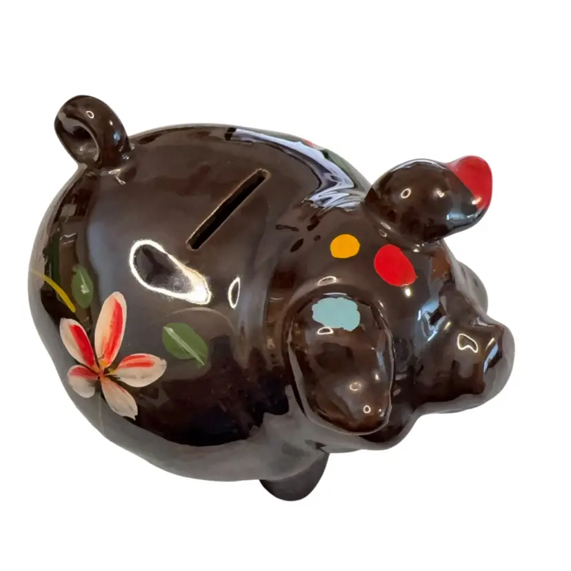 Brown Piggy Bank Hand Painted 6” X 4”