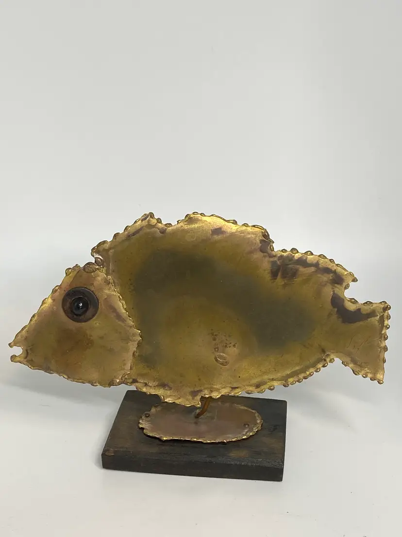 Vintage Brass Fish Sculpture on Wood Base, Made in Hong Kong, 4.75" Tall