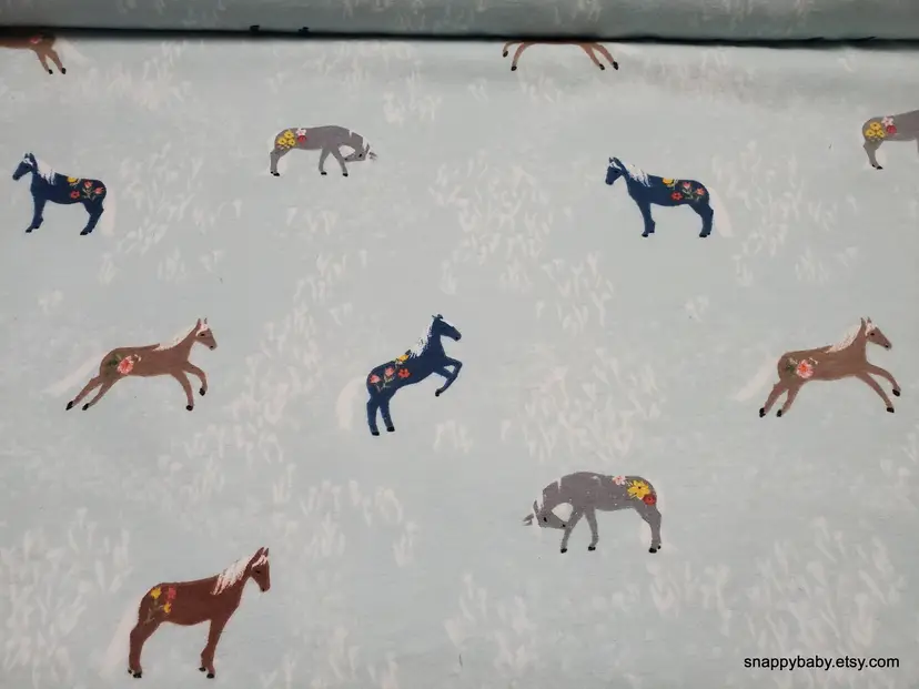 Horses on Light Blue Flannel Fabric Remnant - 100% Cotton - Choose Size - Soft Craft & Quilting Fabric