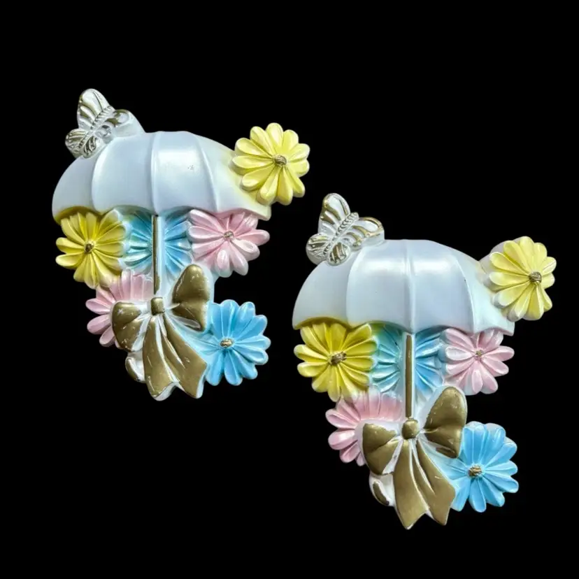 1984 Miller Studio Chalkware Wall Decor, Umbrella Parasol Daisy Pair, 2 Pieces