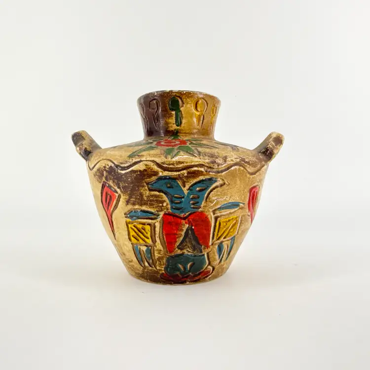 Native American Chalkware Double Handled Folk Art Vase Pitcher Hand Painted