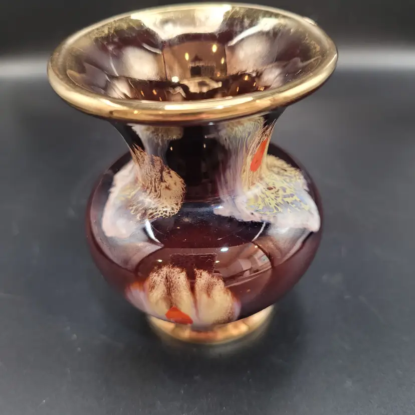 Vtg Jasba Keramik German Pottery Vase Brown Drip Glaze W/Gold Rim 3.25 in Tall