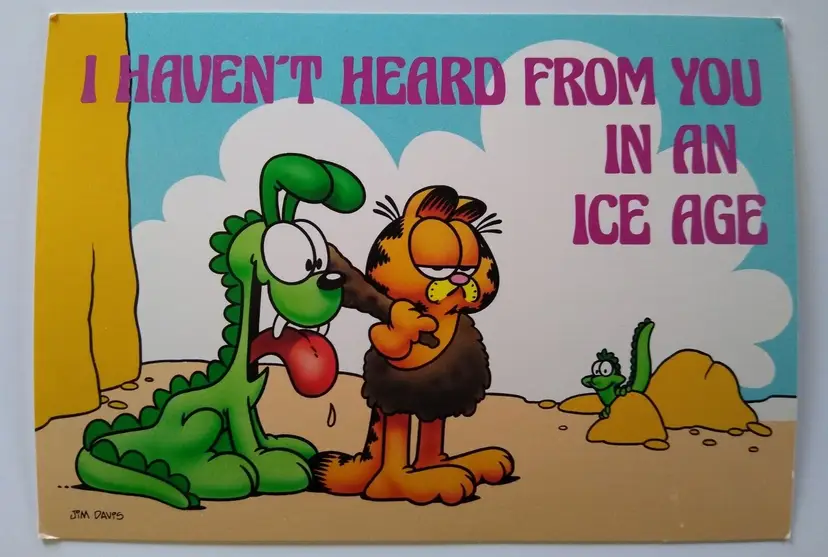 Garfield Cat Postcard Caveman Dog Dinosaur Ice Age Jim Davis 1978 Continental