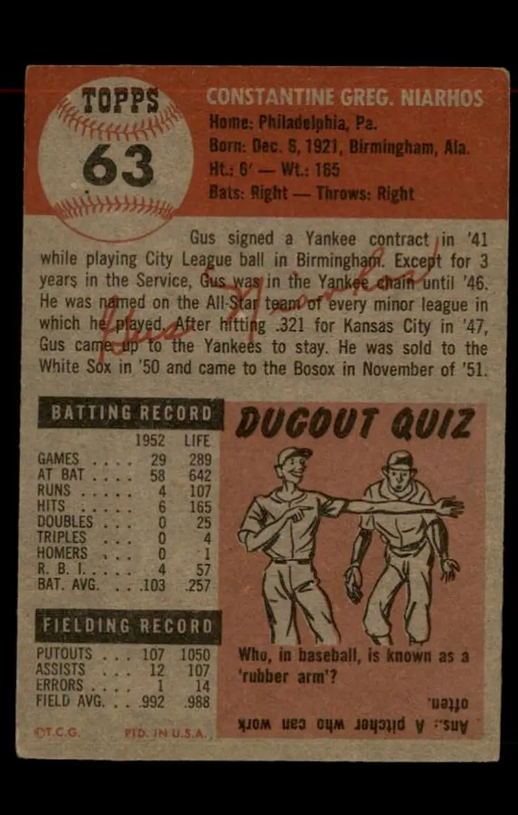 1953 Topps #63 Gus Niarhos - (pk-tl1) - Boston Red Sox