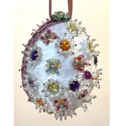 Handmade Vintage Style Push Pin Easter Egg Ornament Pearls Beads Sequins Ribbon 3.5 in Height