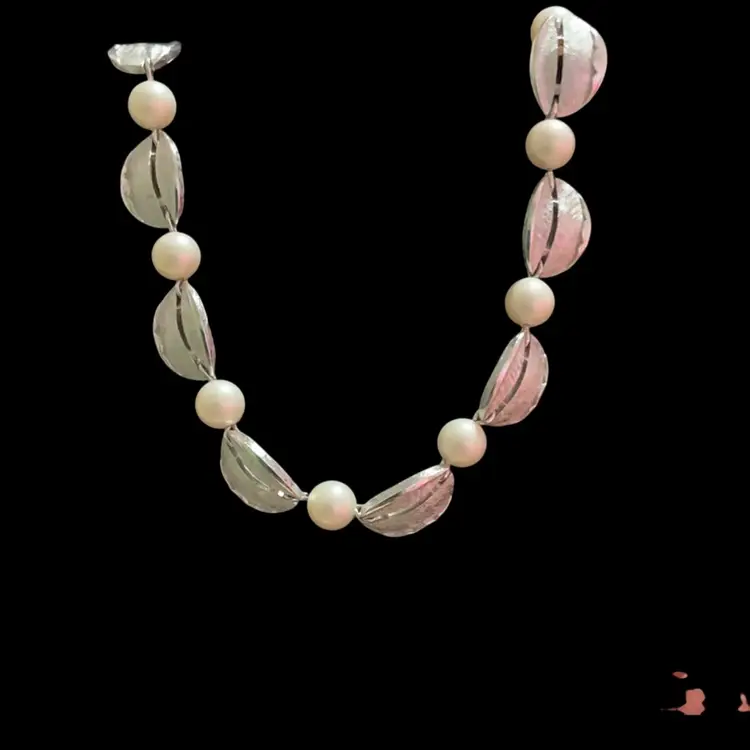 #1. Vintage Silvertone Trifari Choker / Necklace . Faux Pearls  & Textured Silvertone  Oval Shape Links.